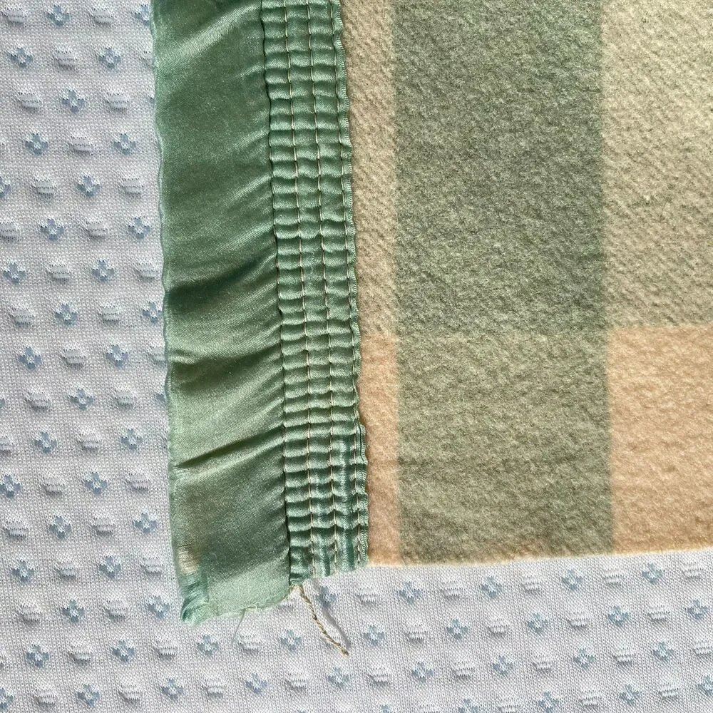 Vintage Light Green & Cream Plaid Wool/Cotton Camp Blanket  - 80